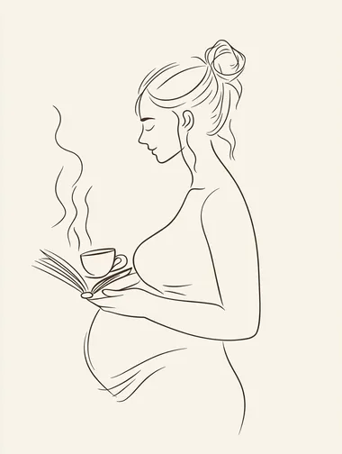 A minimalist line drawing of a pregnant woman's upper body in side profile, standing in soft sunlight. She holds an open book in one hand and a steaming teacup in the other, with clean contour lines emphasizing her rounded belly. The background is a solid warm white tone, creating stark contrast with the black ink-style illustration. The composition radiates serenity through the combination of intellectual (book), nurturing (tea), and maternal elements, rendered in delicate single-line art style with subtle shading under the chin curve