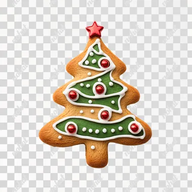 simple gingerbread in the form of a Christmas tree isolated on white, red, green, white, top view, photo