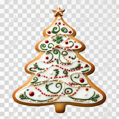 simple gingerbread in the form of a Christmas tree isolated on white, red, green, white, top view, photo
