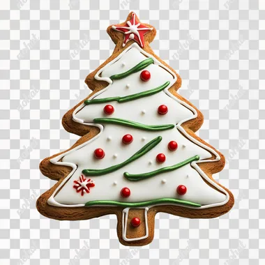 simple gingerbread in the form of a Christmas tree isolated on white, red, green, white, top view, photo