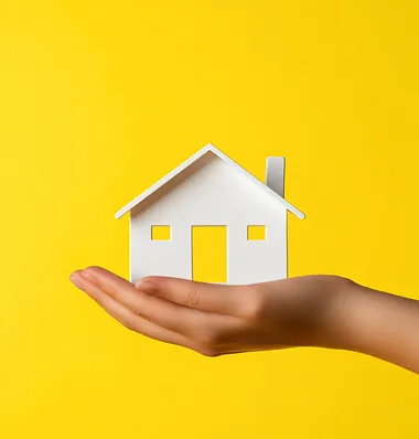 A hand holding a model house icon against a yellow background, with a simple design and a vector graphic illustration style. The color palette is predominantly white and gray. The image has a high resolution, professional photography, studio lighting, and sharp focus, resulting in a detailed and ultra-detailed, hyper-realistic illustration.
