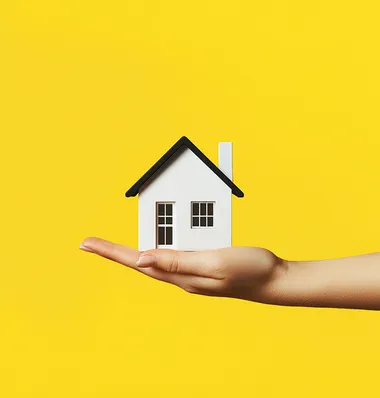 A hand holding a model house icon against a yellow background, with a simple design and a vector graphic illustration style. The color palette is predominantly white and gray. The image has a high resolution, professional photography, studio lighting, and sharp focus, resulting in a detailed and ultra-detailed, hyper-realistic illustration.
