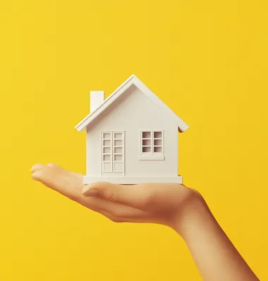 A hand holding a model house icon against a yellow background, with a simple design and a vector graphic illustration style. The color palette is predominantly white and gray. The image has a high resolution, professional photography, studio lighting, and sharp focus, resulting in a detailed and ultra-detailed, hyper-realistic illustration.