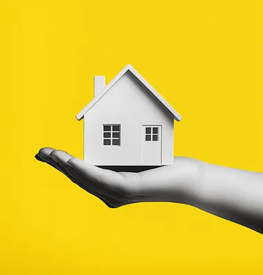 A hand holding a model house icon against a yellow background, with a simple design and a vector graphic illustration style. The color palette is predominantly white and gray. The image has a high resolution, professional photography, studio lighting, and sharp focus, resulting in a detailed and ultra-detailed, hyper-realistic illustration.