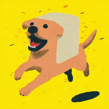 The image features a cute dog made of a loaf of toast, happy running,looks like a loaf of toast,adding a quirky,humorous touch to the illustration. maintaining a clean,playful,and abstract aesthetic.,signature strokes,black lines,white background,intermittent black lines,simple line drawing,vector illustration,flat design,white background,colorful lines,doodle style,simple coloring,  203140091   dg2k8l2  --sv 4