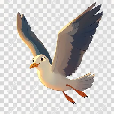 cartoon illustration of a flying gull