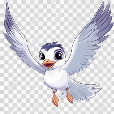 cartoon illustration of a flying gull
