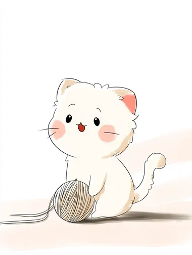 cute chibi cat with a ball of yarn on subtle but colored background that would fit well in a nursery or child's room  rofile pqyab1i