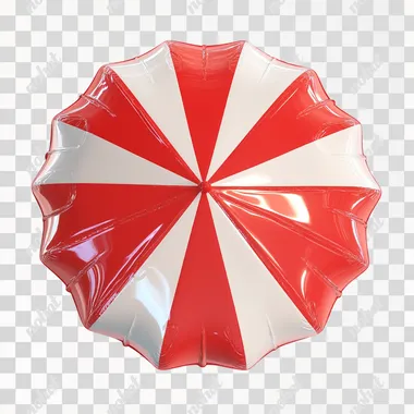 3D-rendered inflatable beach umbrella viewed from above. The umbrella is made of glossy, air-filled plastic material, with soft reflections on its surface. RED AND WHITE, PNG, WHITE BACKGROUN