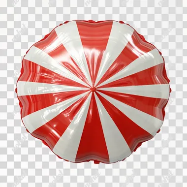 3D-rendered inflatable beach umbrella viewed from above. The umbrella is made of glossy, air-filled plastic material, with soft reflections on its surface. RED AND WHITE, PNG, WHITE BACKGROUN