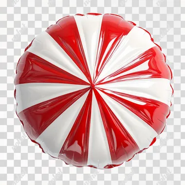 3D-rendered inflatable beach umbrella viewed from above. The umbrella is made of glossy, air-filled plastic material, with soft reflections on its surface. RED AND WHITE, PNG, WHITE BACKGROUN