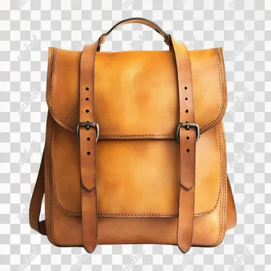 A simple and stylish backpack with two horizontal straps, featuring tan leather material and Modern style. Isolated on a white background.
