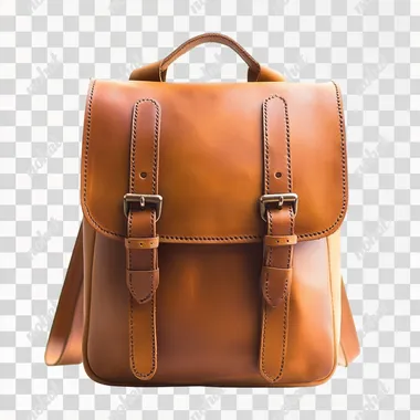 A simple and stylish backpack with two horizontal straps, featuring tan leather material and Modern style. Isolated on a white background.