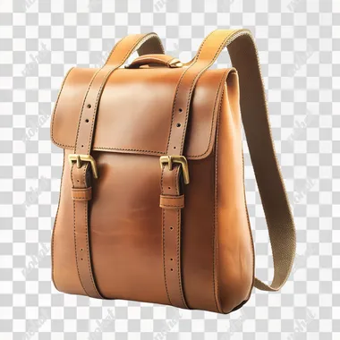 A simple and stylish backpack with two horizontal straps, featuring tan leather material and Modern style. Isolated on a white background.