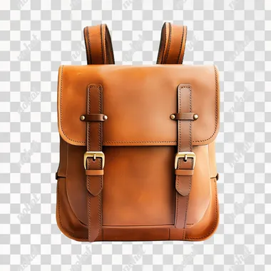 A simple and stylish backpack with two horizontal straps, featuring tan leather material and Modern style. Isolated on a white background.