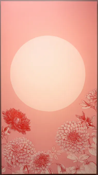 Mid-tone soft muted pink blank page. A large, perfectly round, softly glowing sun is placed at the bottom center, covering most of the lower half of the page. The sun is fully visible, with soft radiant edges blending upward into the pink sky. Bold screen print-style botanical silhouettes of dahlia and sweet pea in off-white and soft vermilion decorate only the bottom corners and lower half, framing the sun. The upper half remains completely empty, clean, and untouched for text.