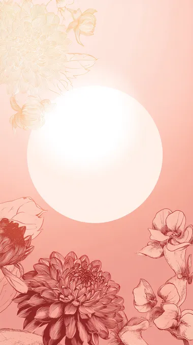 Mid-tone soft muted pink blank page. A large, perfectly round, softly glowing sun is placed at the bottom center, covering most of the lower half of the page. The sun is fully visible, with soft radiant edges blending upward into the pink sky. Bold screen print-style botanical silhouettes of dahlia and sweet pea in off-white and soft vermilion decorate only the bottom corners and lower half, framing the sun. The upper half remains completely empty, clean, and untouched for text.