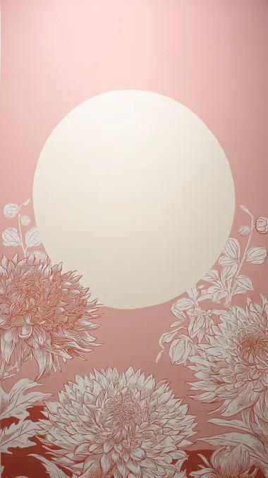 Mid-tone soft muted pink blank page. A large, perfectly round, softly glowing sun is placed at the bottom center, covering most of the lower half of the page. The sun is fully visible, with soft radiant edges blending upward into the pink sky. Bold screen print-style botanical silhouettes of dahlia and sweet pea in off-white and soft vermilion decorate only the bottom corners and lower half, framing the sun. The upper half remains completely empty, clean, and untouched for text.
