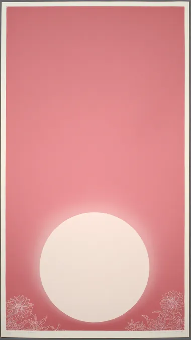 Mid-tone soft muted pink blank page. A large, perfectly round, softly glowing sun is placed at the bottom center, covering most of the lower half of the page. The sun is fully visible, with soft radiant edges blending upward into the pink sky. Bold screen print-style botanical silhouettes of dahlia and sweet pea in off-white and soft vermilion decorate only the bottom corners and lower half, framing the sun. The upper half remains completely empty, clean, and untouched for text.