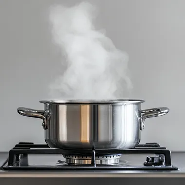 A realistic SIDE view photo of a stainless steel pot on a gas stove with boiling water inside, visible steam rising. White background, high-quality food photography