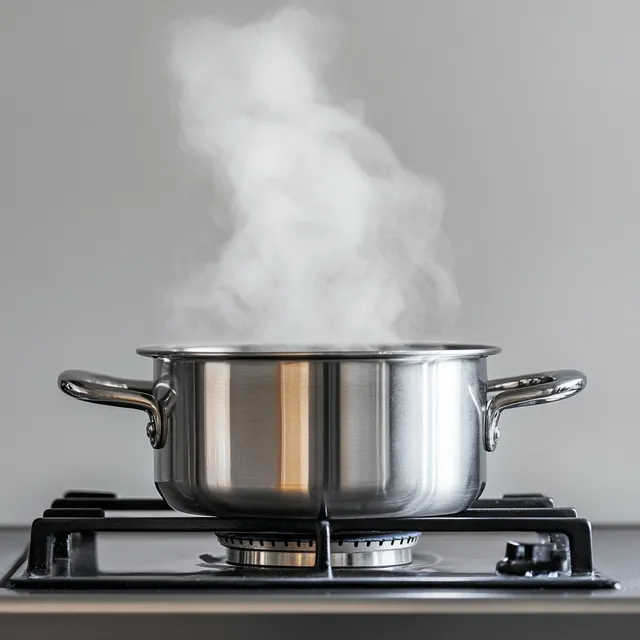 Stainless Steel Pot on Gas Stove with Boiling Water and Rising Steam