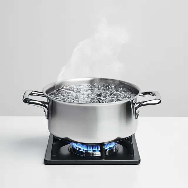 Stainless Steel Pot Boiling Water on Gas Stove in Kitchen Setting