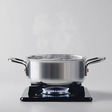A realistic SIDE view photo of a stainless steel pot on a gas stove with boiling water inside, visible steam rising. White background, high-quality food photography