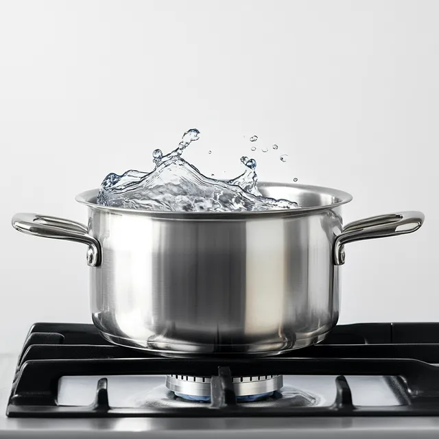 Stainless Steel Pot Boiling Water on Gas Stove in Kitchen Setting