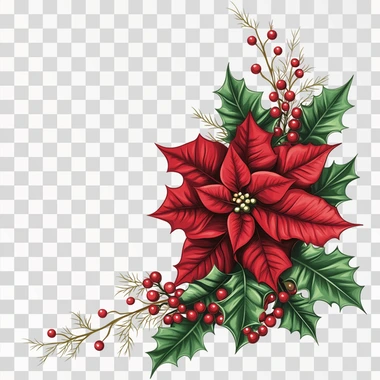 Design a Christmas-themed vector illustration featuring a poinsettia flower as the central focus, arranged in a triangular composition suitable for placing in a corner. The design should include vibrant red poinsettias, holly leaves, pine branches, and clusters of red berries. Arrange the elements to form a balanced triangle, with the poinsettia at the apex and the greenery and decorative elements extending outward in a harmonious and festive pattern. Use a clean and crisp style with a soft color palette of greens, reds, and hints of gold to match a classic holiday aesthetic, ensuring the vector is well-suited for digital and print purposes