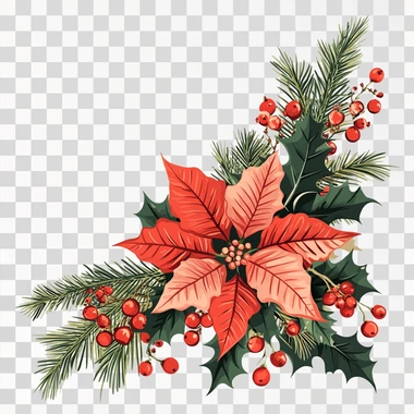 Design a Christmas-themed vector illustration featuring a poinsettia flower as the central focus, arranged in a triangular composition suitable for placing in a corner. The design should include vibrant red poinsettias, holly leaves, pine branches, and clusters of red berries. Arrange the elements to form a balanced triangle, with the poinsettia at the apex and the greenery and decorative elements extending outward in a harmonious and festive pattern. Use a clean and crisp style with a soft color palette of greens, reds, and hints of gold to match a classic holiday aesthetic, ensuring the vector is well-suited for digital and print purposes