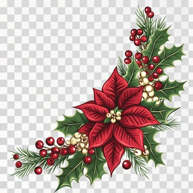 Design a Christmas-themed vector illustration featuring a poinsettia flower as the central focus, arranged in a triangular composition suitable for placing in a corner. The design should include vibrant red poinsettias, holly leaves, pine branches, and clusters of red berries. Arrange the elements to form a balanced triangle, with the poinsettia at the apex and the greenery and decorative elements extending outward in a harmonious and festive pattern. Use a clean and crisp style with a soft color palette of greens, reds, and hints of gold to match a classic holiday aesthetic, ensuring the vector is well-suited for digital and print purposes