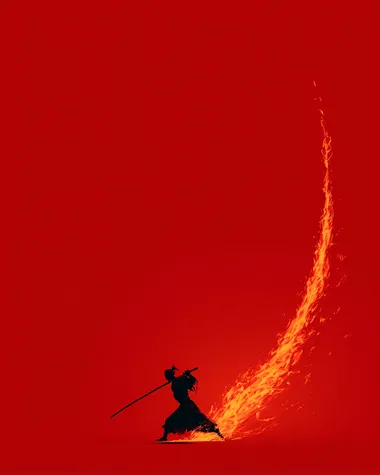 red background design of a samurai , slashing downward with a katana that leaves a fiery trail of flames , simple minimal design,