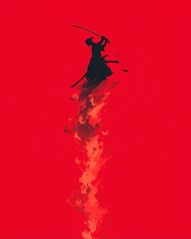 red background design of a samurai , slashing downward with a katana that leaves a fiery trail of flames , simple minimal design,