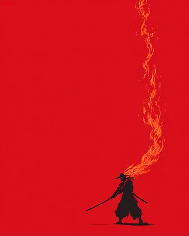 red background design of a samurai , slashing downward with a katana that leaves a fiery trail of flames , simple minimal design,