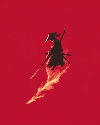 red background design of a samurai , slashing downward with a katana that leaves a fiery trail of flames , simple minimal design,