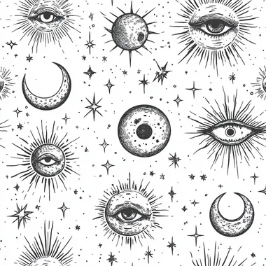 Hand drawn line style Sun, Moon, stars, Universe, planets, Bohemian style, seamless tile drawing Eyes, total lunar eclipse