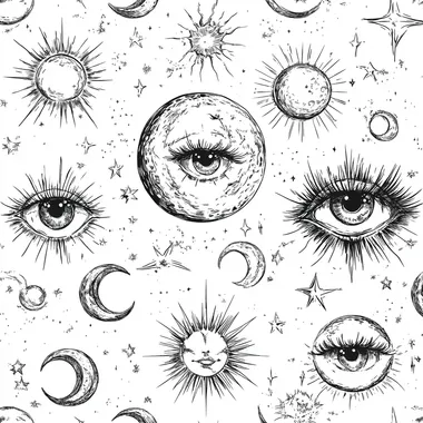 Hand drawn line style Sun, Moon, stars, Universe, planets, Bohemian style, seamless tile drawing Eyes, total lunar eclipse