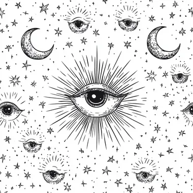 Hand drawn line style Sun, Moon, stars, Universe, planets, Bohemian style, seamless tile drawing Eyes, total lunar eclipse