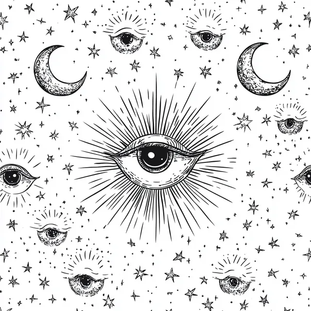 Mystical Celestial Pattern with Eyes, Sun, Moon, and Stars