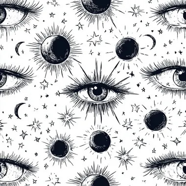 Hand drawn line style Sun, Moon, stars, Universe, planets, Bohemian style, seamless tile drawing Eyes, total lunar eclipse