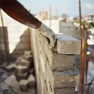 Capture a realistic photograph showcasing masonry work being done in Brazil, with a focus on elegance and craftsmanship. The image should depict the arm of a mason placing a brick or applying cement to a wall, without showing the face. The setting should be a well-organized construction site, with elements like neatly stacked bricks, concrete blocks, and traditional masonry tools such as trowels and levels. The background might show a partially constructed, elegant residential or commercial building. The photo should emphasize the skill and precision of the work, while maintaining a clean, professional appearance.