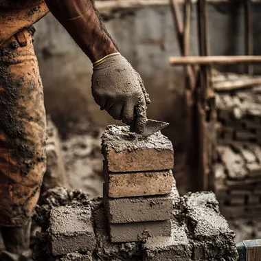 Capture a realistic photograph showcasing masonry work being done in Brazil, with a focus on elegance and craftsmanship. The image should depict the arm of a mason placing a brick or applying cement to a wall, without showing the face. The setting should be a well-organized construction site, with elements like neatly stacked bricks, concrete blocks, and traditional masonry tools such as trowels and levels. The background might show a partially constructed, elegant residential or commercial building. The photo should emphasize the skill and precision of the work, while maintaining a clean, professional appearance.