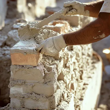 Capture a realistic photograph showcasing masonry work being done in Brazil, with a focus on elegance and craftsmanship. The image should depict the arm of a mason placing a brick or applying cement to a wall, without showing the face. The setting should be a well-organized construction site, with elements like neatly stacked bricks, concrete blocks, and traditional masonry tools such as trowels and levels. The background might show a partially constructed, elegant residential or commercial building. The photo should emphasize the skill and precision of the work, while maintaining a clean, professional appearance.