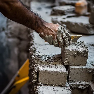Capture a realistic photograph showcasing masonry work being done in Brazil, with a focus on elegance and craftsmanship. The image should depict the arm of a mason placing a brick or applying cement to a wall, without showing the face. The setting should be a well-organized construction site, with elements like neatly stacked bricks, concrete blocks, and traditional masonry tools such as trowels and levels. The background might show a partially constructed, elegant residential or commercial building. The photo should emphasize the skill and precision of the work, while maintaining a clean, professional appearance.