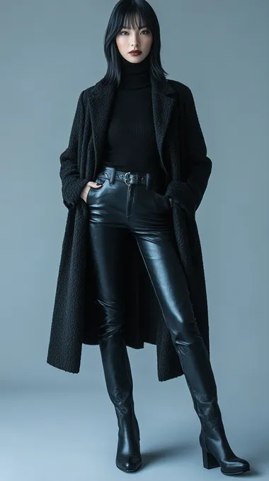 A photograph of a woman with shoulder length straight black hair, wearing black leather pants and high boots, a black turtleneck sweater, a long wool coat. The full-body shot is set against a gray background with soft lighting, showcasing a fashionable and confident expression.  --s 250