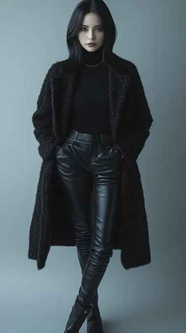 A photograph of a woman with shoulder length straight black hair, wearing black leather pants and high boots, a black turtleneck sweater, a long wool coat. The full-body shot is set against a gray background with soft lighting, showcasing a fashionable and confident expression.  --s 250