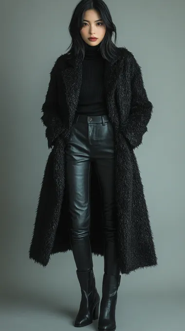 A photograph of a woman with shoulder length straight black hair, wearing black leather pants and high boots, a black turtleneck sweater, a long wool coat. The full-body shot is set against a gray background with soft lighting, showcasing a fashionable and confident expression.  --s 250