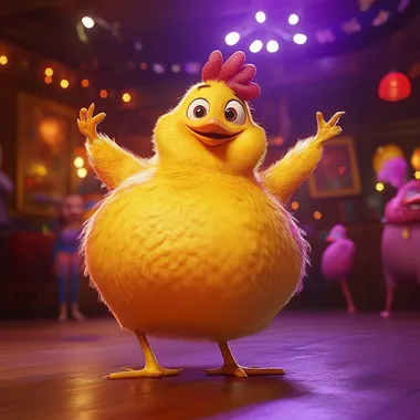 Yellow Fat Disco chicken dancing, 3d animation, Disney style