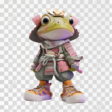 Round-faced 3D frog samurai character, curious expression and oversized shoes isolated on transparent background rofile boelodn