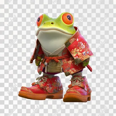 Round-faced 3D frog samurai character, curious expression and oversized shoes isolated on transparent background rofile boelodn